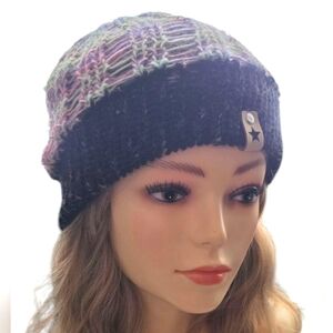 Handmade knitted beanie toque knit mesh overlay vegan leather tag slight slouch